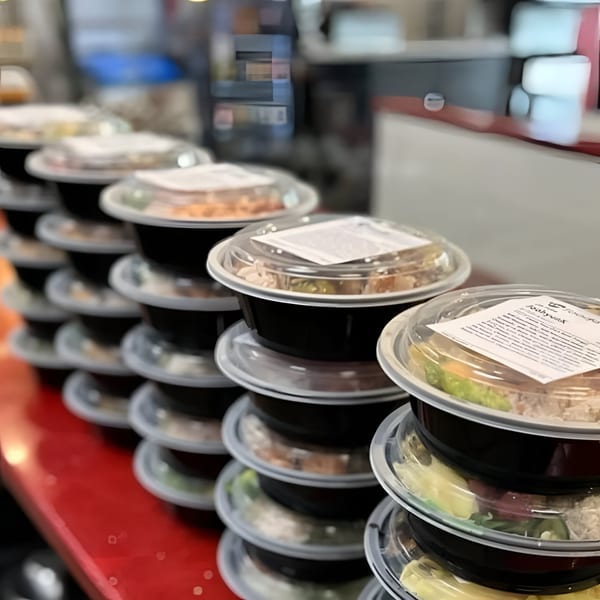 Multiple stacks of Oh Poke bowls, ready for takeout, on a red counter.